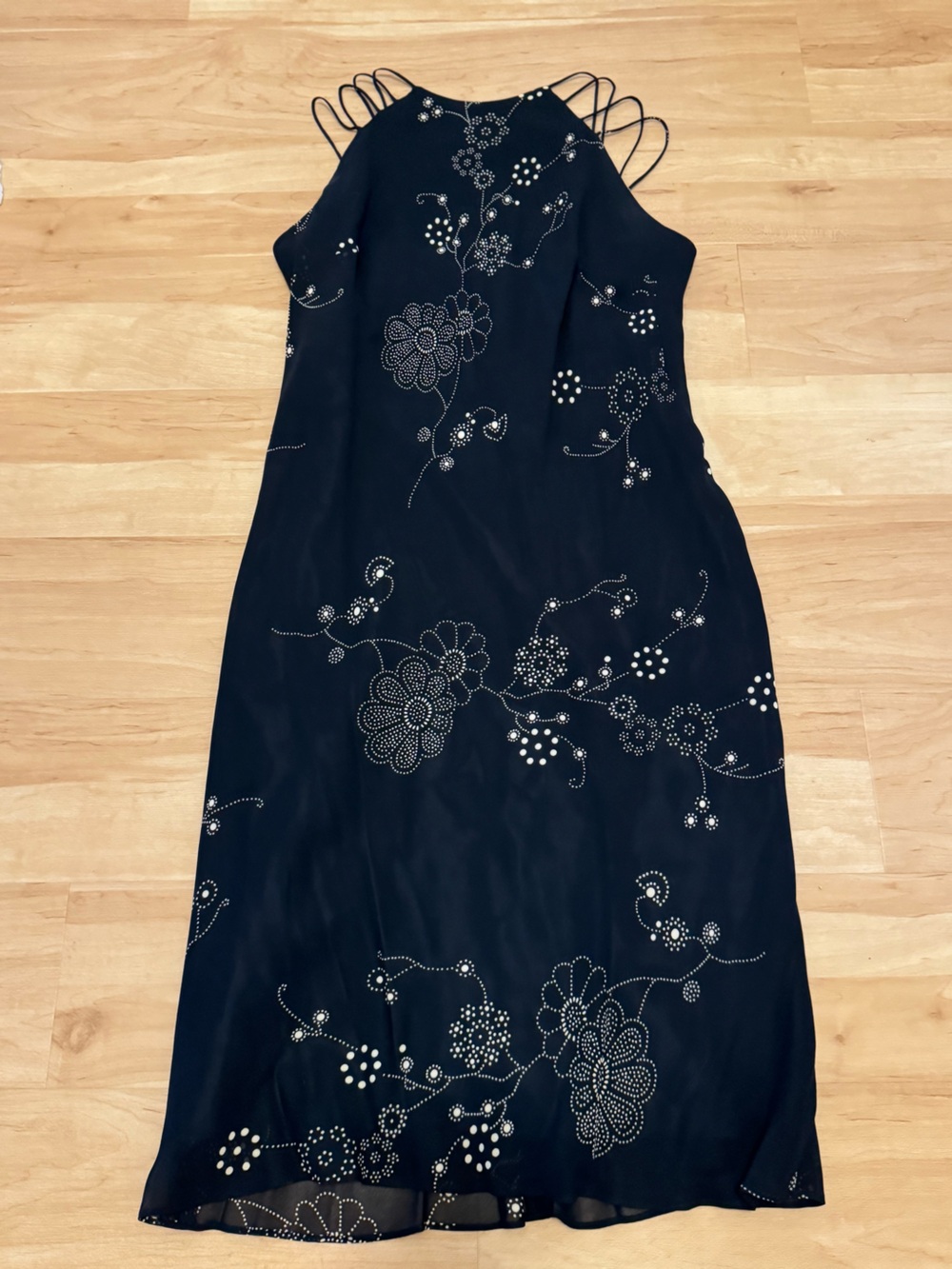 90s Little Black High Neck Midi Strappy Dress with Floral Print Size 8